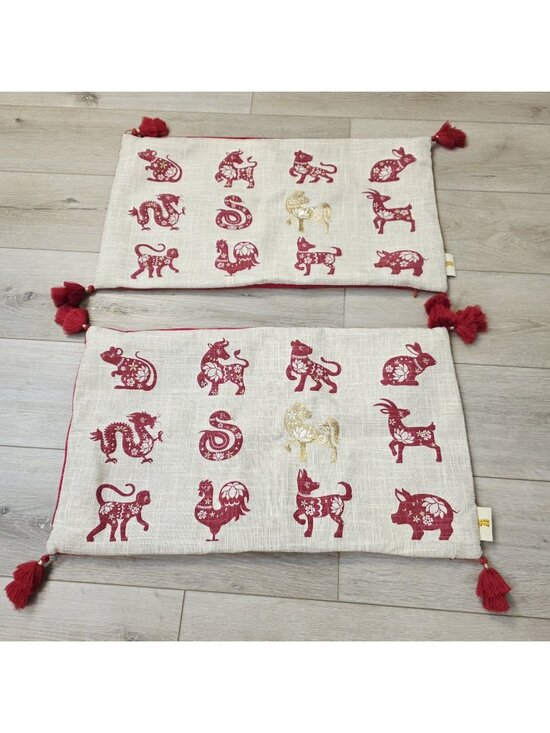 Unbranded Other - 2 Embroidered Chinese Zodiac Signs Theme Red Gold Throw Fringe Pillow Covers